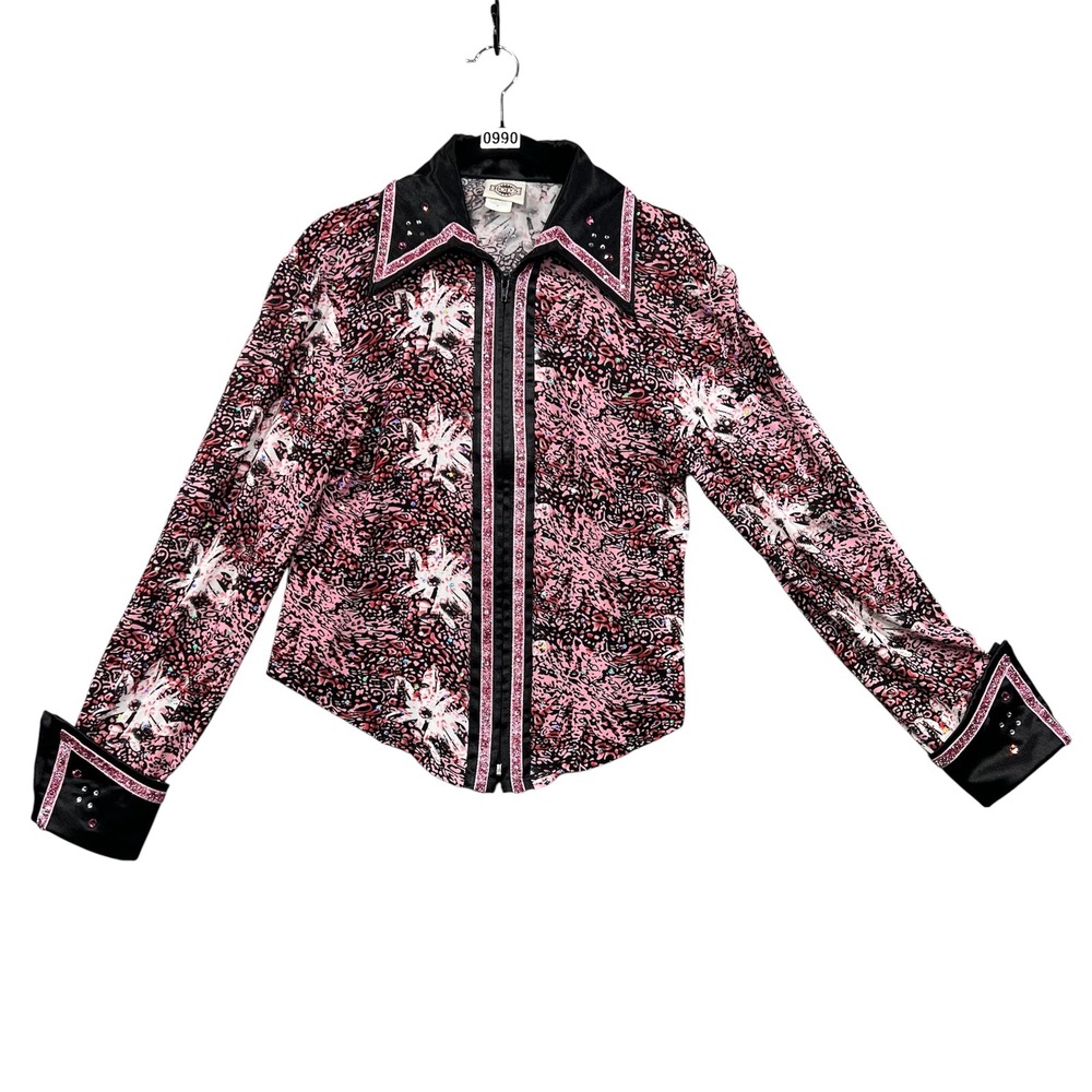 Rod's Western Show Shirt Womens M Pink Animal Print Rhinestone Zip Front Vintage